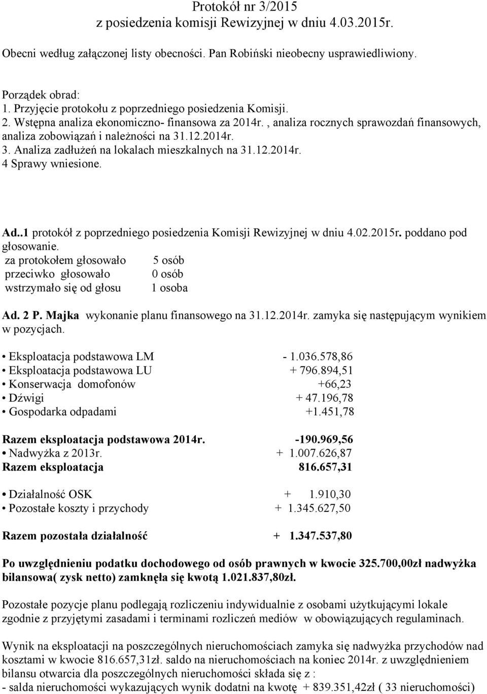 .12.2014r. 3. Analiza zadłużeń na lokalach mieszkalnych na 31.12.2014r. 4 Sprawy wniesione. Ad..1 protokół z poprzedniego posiedzenia Komisji Rewizyjnej w dniu 4.02.2015r. poddano pod głosowanie.