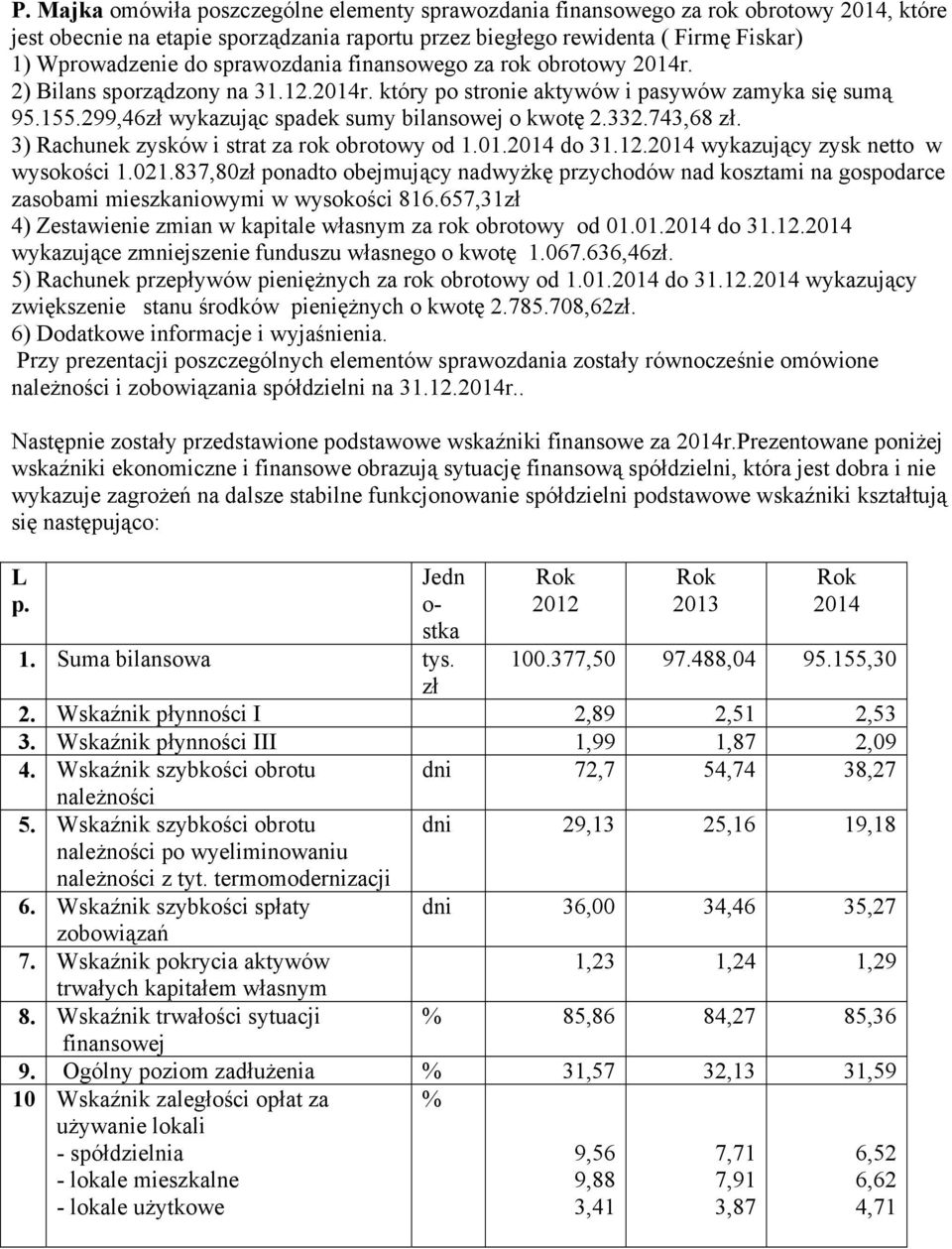 743,68 zł. 3) Rachunek zysków i strat za rok obrotowy od 1.01.2014 do 31.12.2014 wykazujący zysk netto w wysokości 1.021.