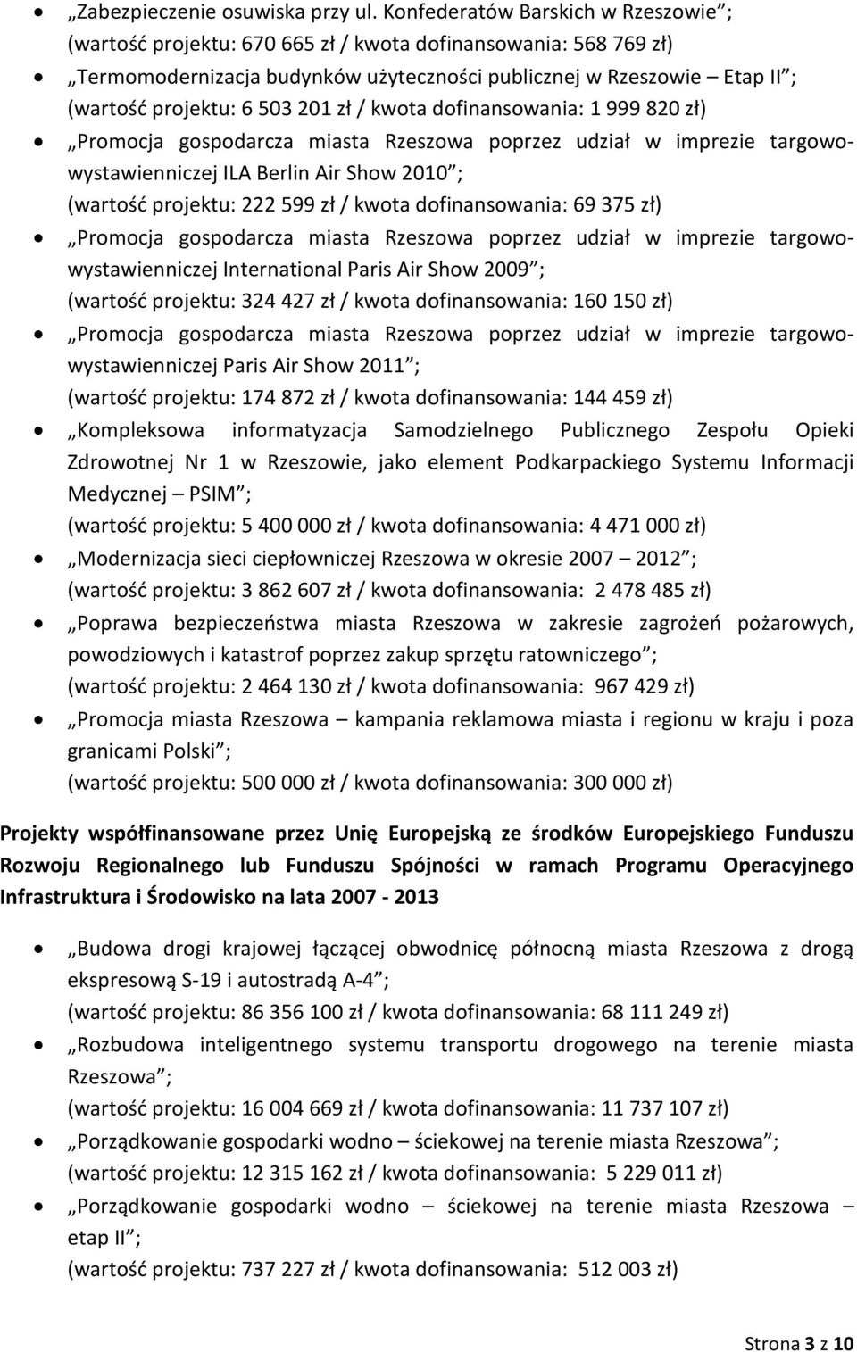 201 zł / kwota dofinansowania: 1 999 820 zł) Promocja gospodarcza miasta Rzeszowa poprzez udział w imprezie targowowystawienniczej ILA Berlin Air Show 2010 ; (wartość projektu: 222 599 zł / kwota