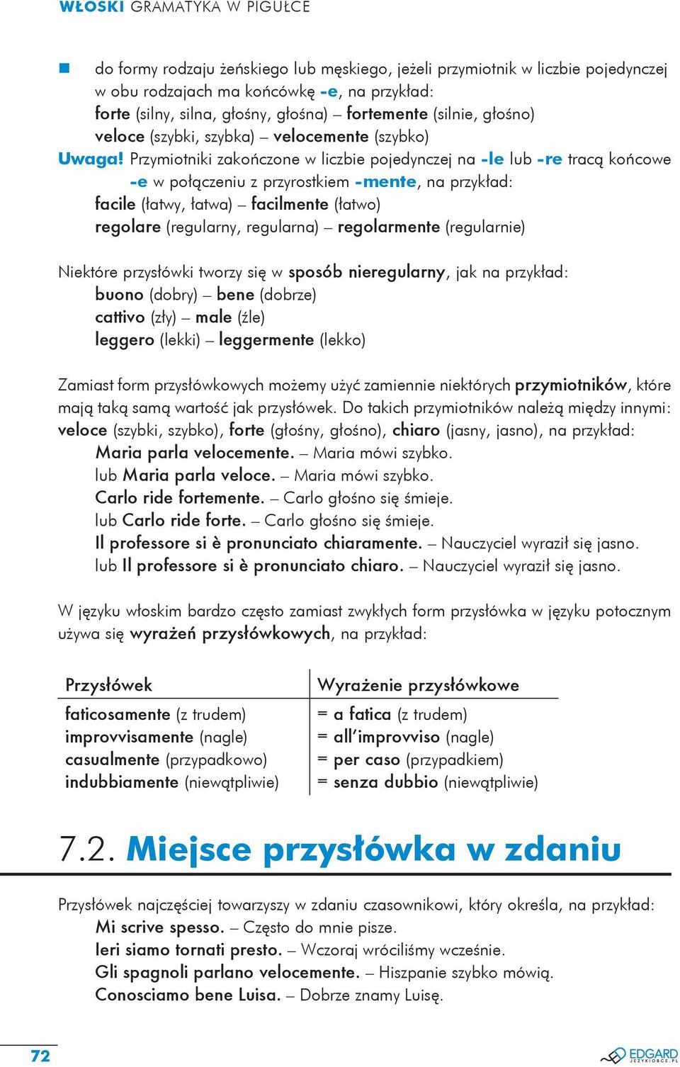 Przymiotniki zakończone w liczbie pojedynczej na -le lub -re tracą końcowe -e w połączeniu z przyrostkiem -mente, facile (łatwy, łatwa) facilmente (łatwo) regolare (regularny, regularna) regolarmente