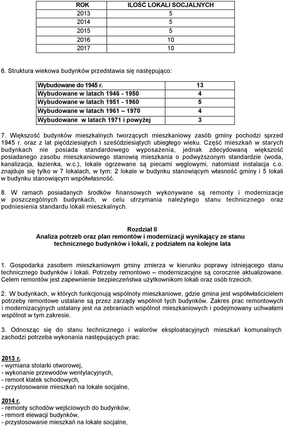 Większość budynków mieszkalnych tworzących mieszkaniowy zasób gminy pochodzi sprzed 1945 r. oraz z lat pięćdziesiątych i sześćdziesiątych ubiegłego wieku.