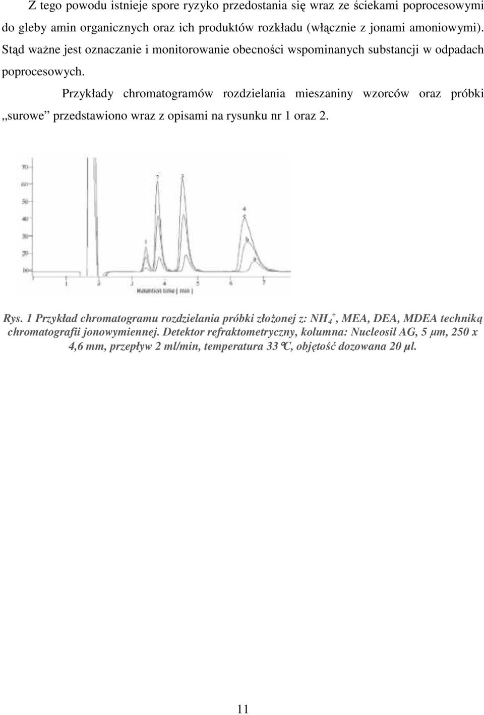 Przykłady chromatogramów rozdzielania mieszaniny wzorców oraz próbki surowe przedstawiono wraz z opisami na rysunku nr 1 oraz 2. Rys.