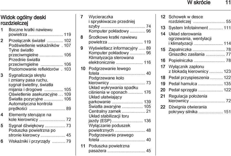 ..109 Światła pozycyjne... 106 Automatyczna kontrola prędkości... 89 4 Elementy sterujące na kole kierownicy... 72 5 Sygnał dźwiękowy... 73 Poduszka powietrzna po stronie kierowcy.