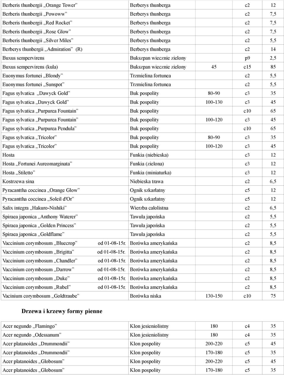 Buxus sempervirens (kula) Bukszpan wiecznie zielony 45 c15 85 Euonymus fortunei Blondy Trzmielina fortunea c2 5,5 Euonymus fortunei Sunspot Trzmielina fortunea c2 5,5 Fagus sylvatica Dawyck Gold Buk