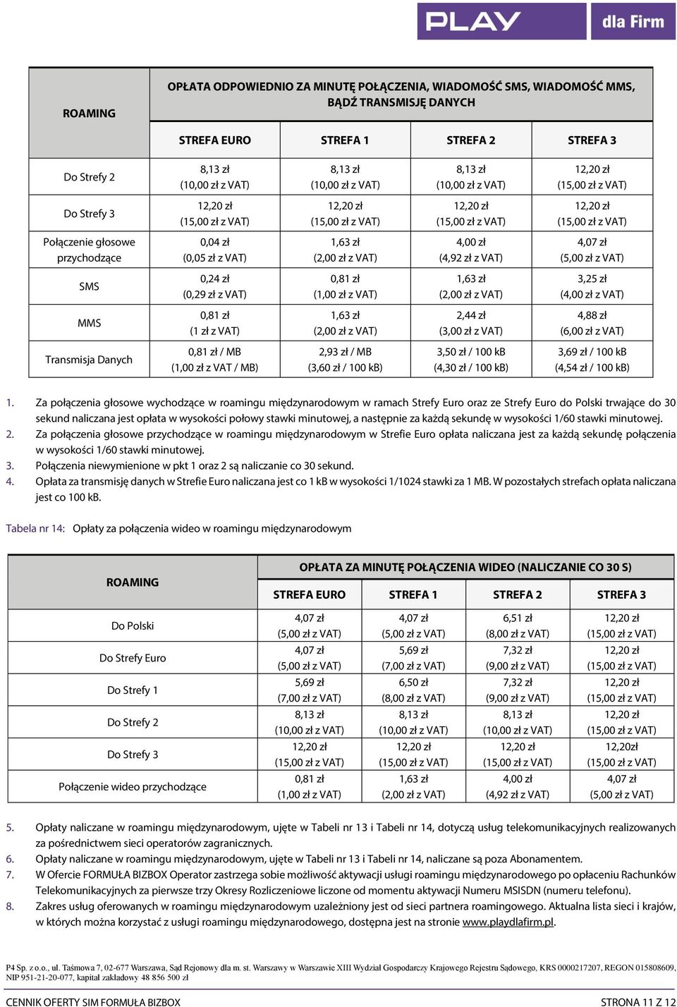 4,88 zł (6,00 zł z VAT) Transmisja Danych 0,81 zł / MB (1,00 zł z VAT / MB) 2,93 zł / MB (3,60 zł / 100 kb) 3,50 zł / 100 kb (4,30 zł / 100 kb) 3,69 zł / 100 kb (4,54 zł / 100 kb) 1.