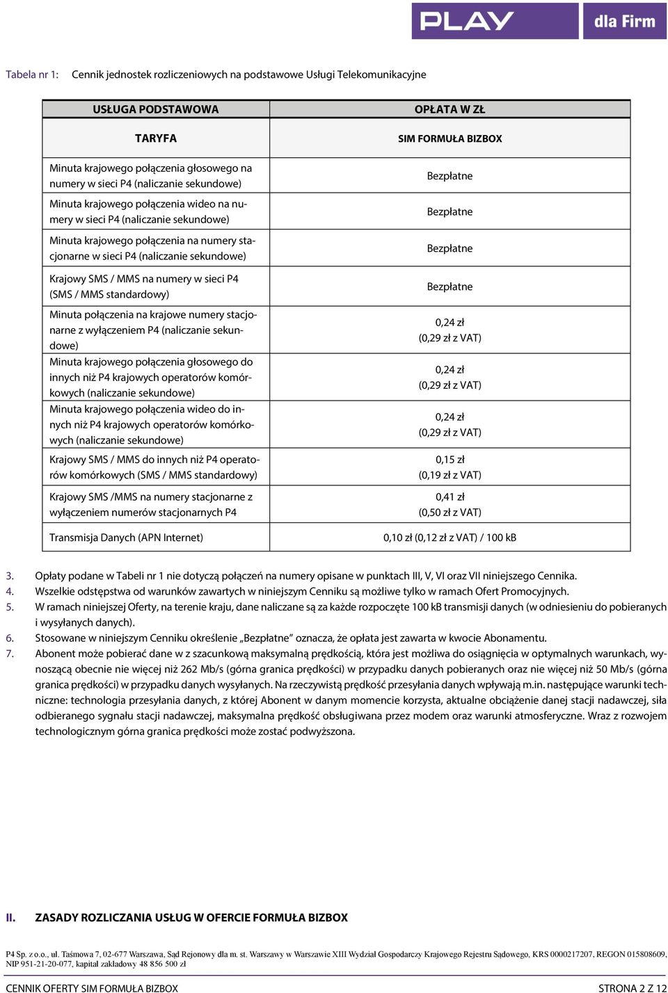 MMS na numery w sieci P4 (SMS / MMS standardowy) Minuta połączenia na krajowe numery stacjonarne z wyłączeniem P4 (naliczanie sekundowe) Minuta krajowego połączenia głosowego do innych niż P4