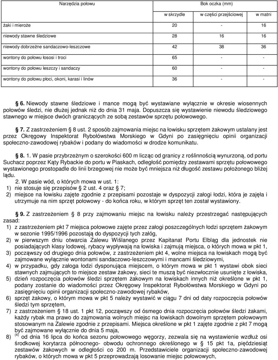 Niewody stawne śledziowe i mance mogą być wystawiane wyłącznie w okresie wiosennych połowów śledzi, nie dłużej jednak niż do dnia 31 maja.