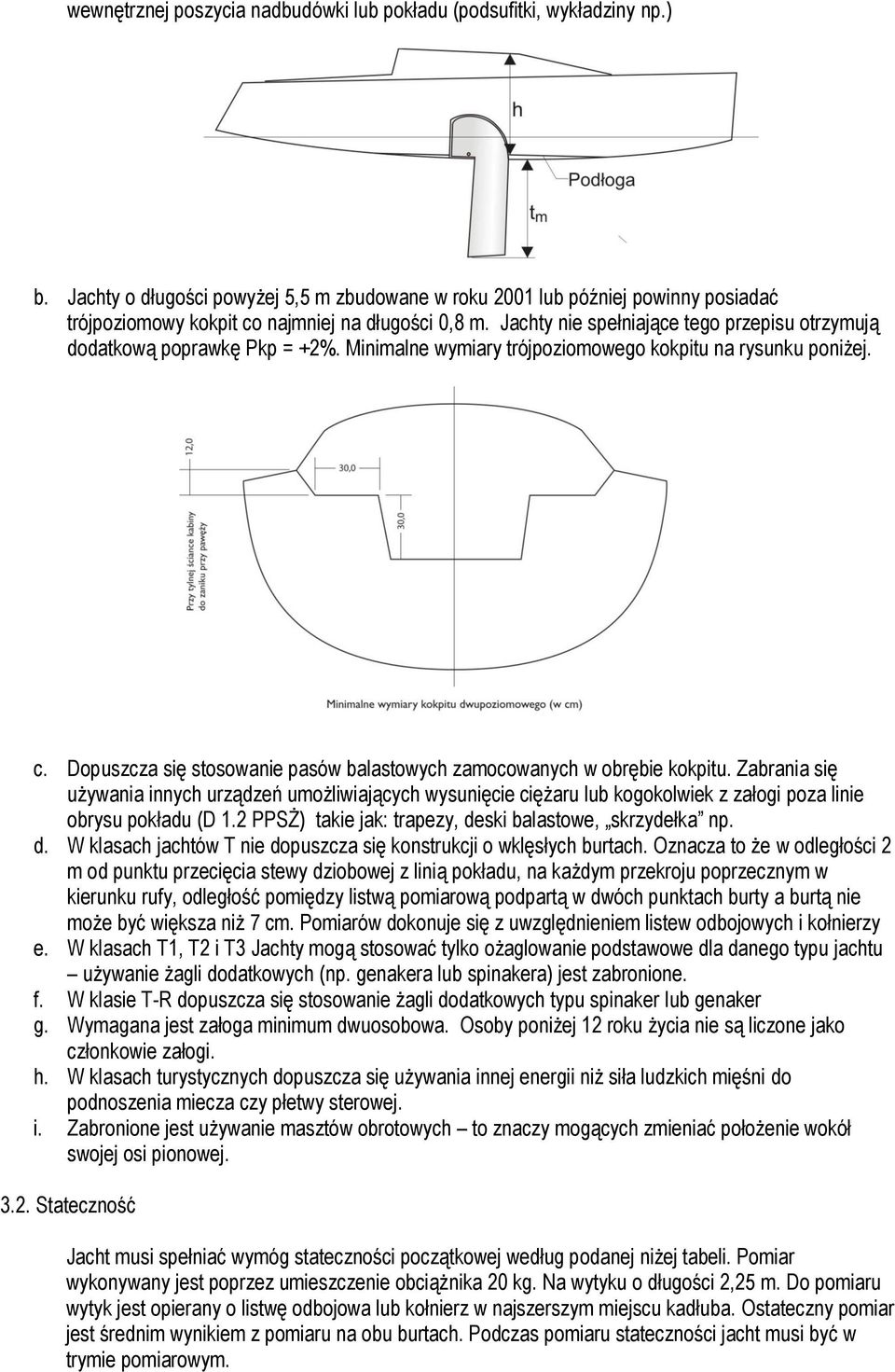 Jachty nie spełniające tego przepisu otrzymują dodatkową poprawkę Pkp = +2%. Minimalne wymiary trójpoziomowego kokpitu na rysunku poniżej. c.
