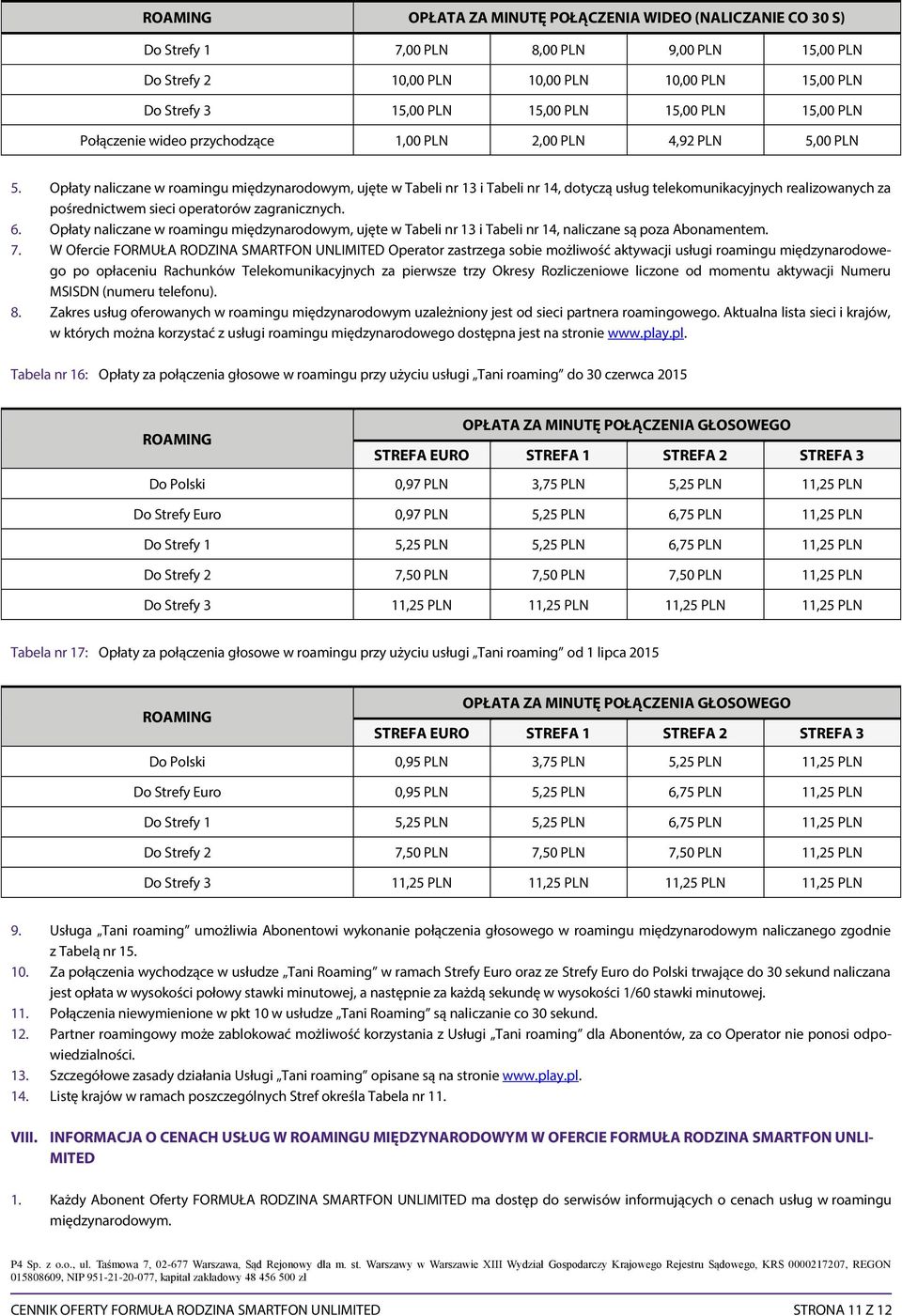 Opłaty naliczane w roamingu międzynarodowym, ujęte w Tabeli nr 13 i Tabeli nr 14, dotyczą usług telekomunikacyjnych realizowanych za pośrednictwem sieci operatorów zagranicznych. 6.