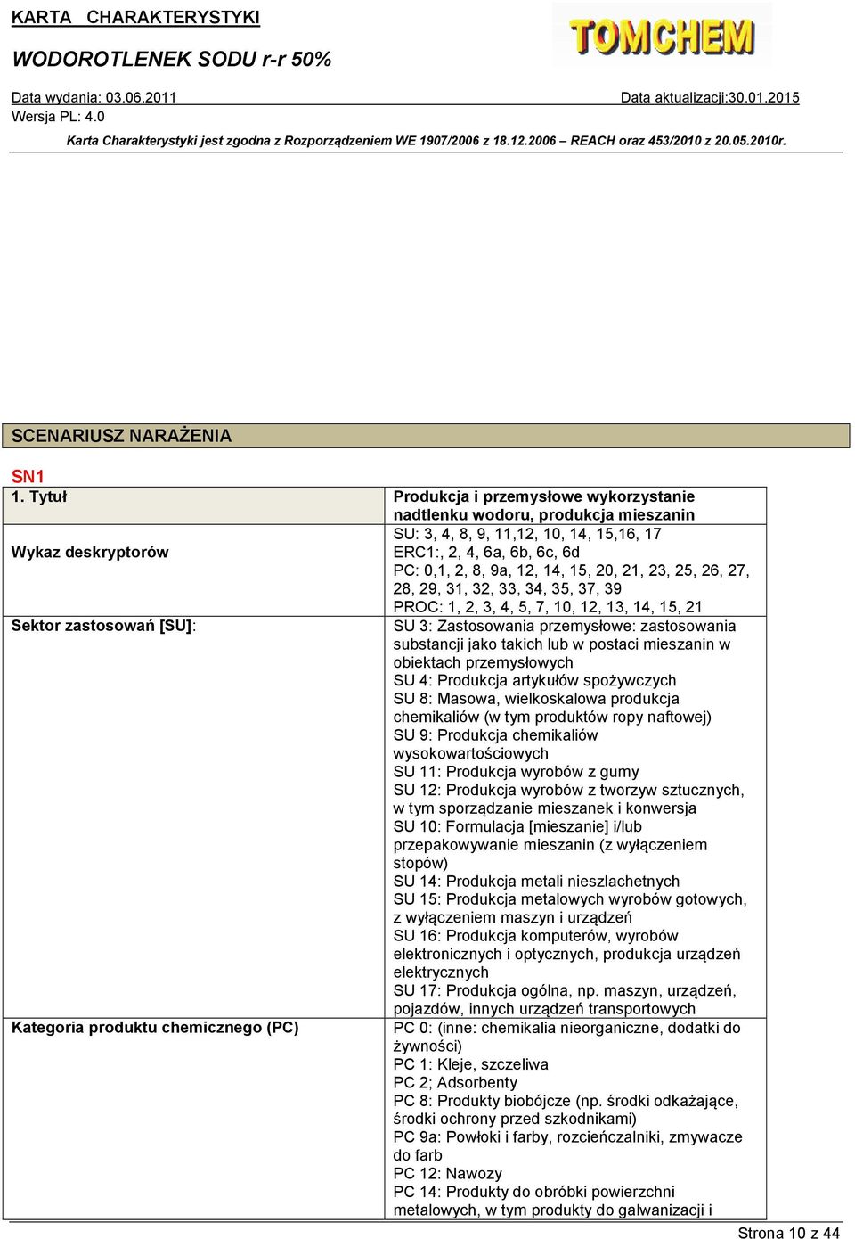 15, 20, 21, 23, 25, 26, 27, 28, 29, 31, 32, 33, 34, 35, 37, 39 PROC: 1, 2, 3, 4, 5, 7, 10, 12, 13, 14, 15, 21 Sektor zastosowań [SU]: SU 3: Zastosowania przemysłowe: zastosowania substancji jako