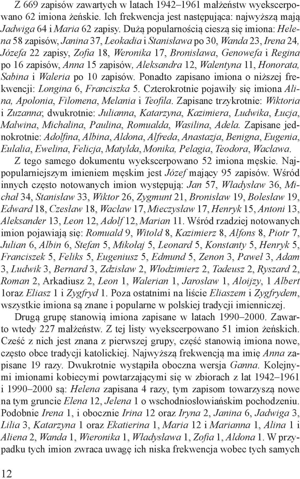 zapisów, Anna 15 zapisów, Aleksandra 12, Walentyna 11, Honorata, Sabina i Waleria po 10 zapisów. Ponadto zapisano imiona o niższej frekwencji: Longina 6, Franciszka 5.