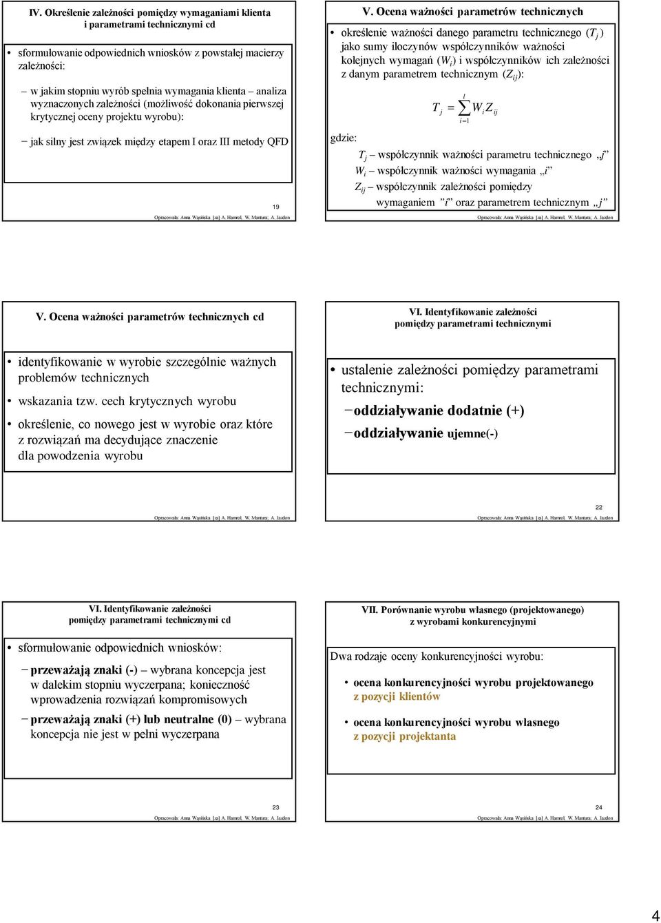 Ocena ważności parametrów technicznych określenie ważności danego parametru technicznego (T j ) jako sumy iloczynów współczynników ważności kolejnych wymagań (W i ) i współczynników ich zależności z