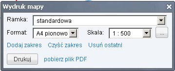 Drukowanie fragmentu mapy. Wydruk ma kilka parametrów, które ustawiamy w pojawiającym się formularzu. Należy wybrać rodzaj ramki, format arkusza wydruku oraz skalę mapy.