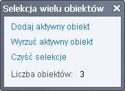 Wyświetlenie drzewka warstw. Narzędzie wyświetla lub chowa panel boczny, w którym widoczne są dostępne w portalu warstwy informacyjne. Wybór wielu obiektów.