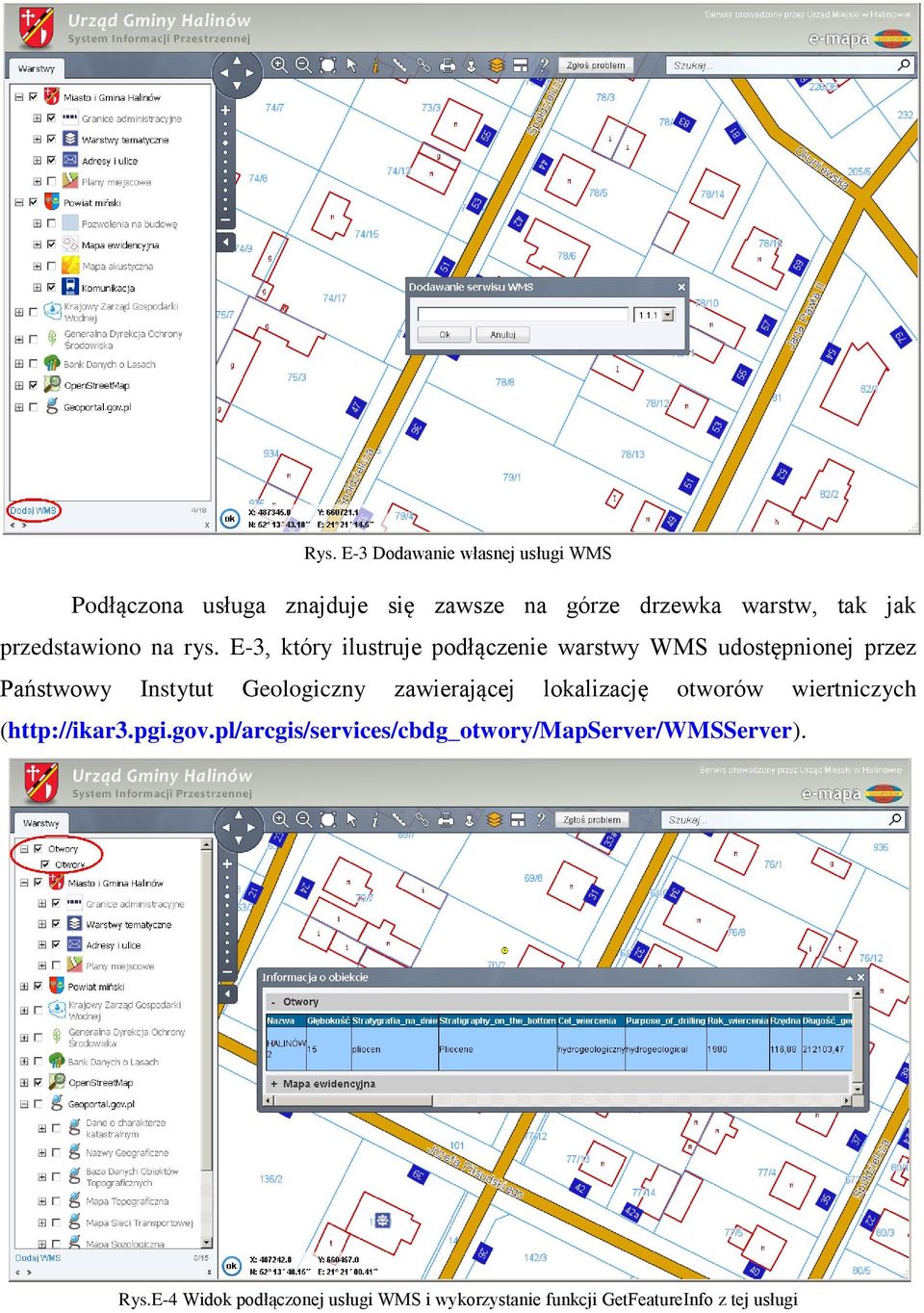 E-3, który ilustruje podłączenie warstwy WMS udostępnionej przez Państwowy Instytut Geologiczny zawierającej