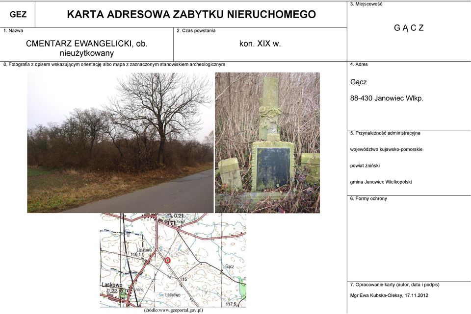 mapa z zaznaczonym stanowiskiem archeologicznym