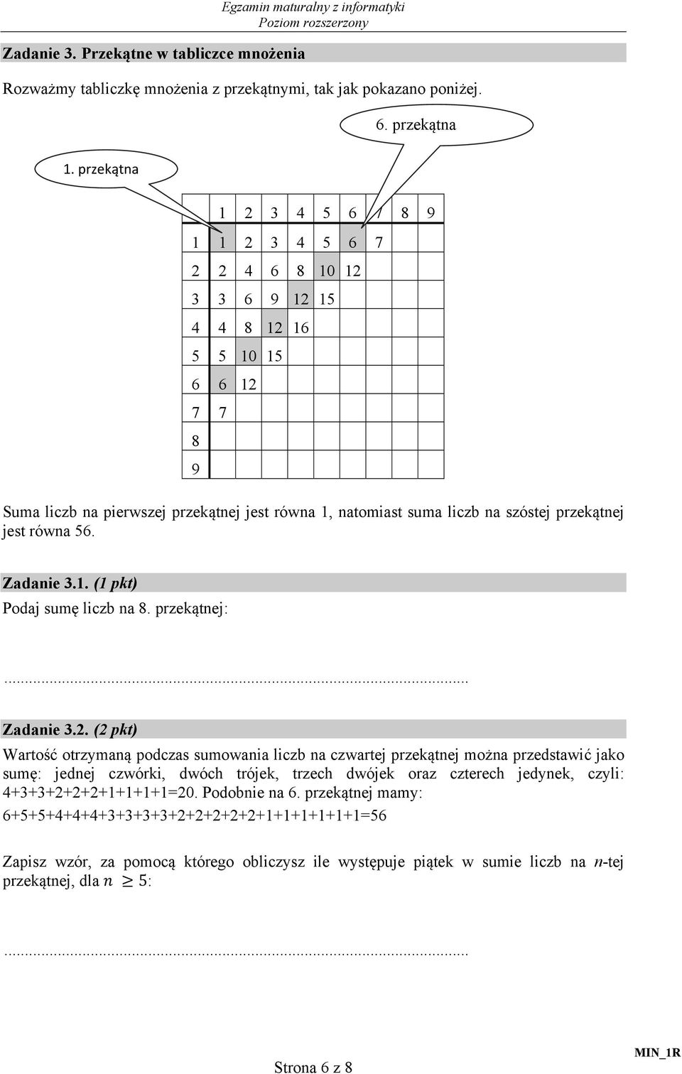 przekątnej jest równa 56. Zadanie 3.1. (1 pkt) Podaj sumę liczb na 8. przekątnej:... Zadanie 3.2.
