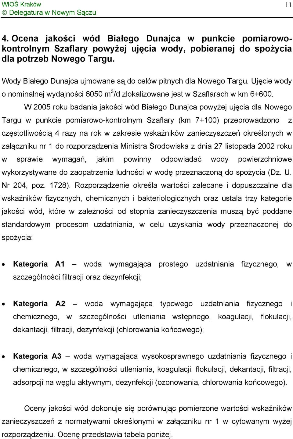 W 2005 roku badania jakości wód Białego Dunajca powyżej ujęcia dla Nowego Targu w punkcie pomiarowo-kontrolnym Szaflary (km 7+100) przeprowadzono z częstotliwością 4 razy na rok w zakresie wskaźników