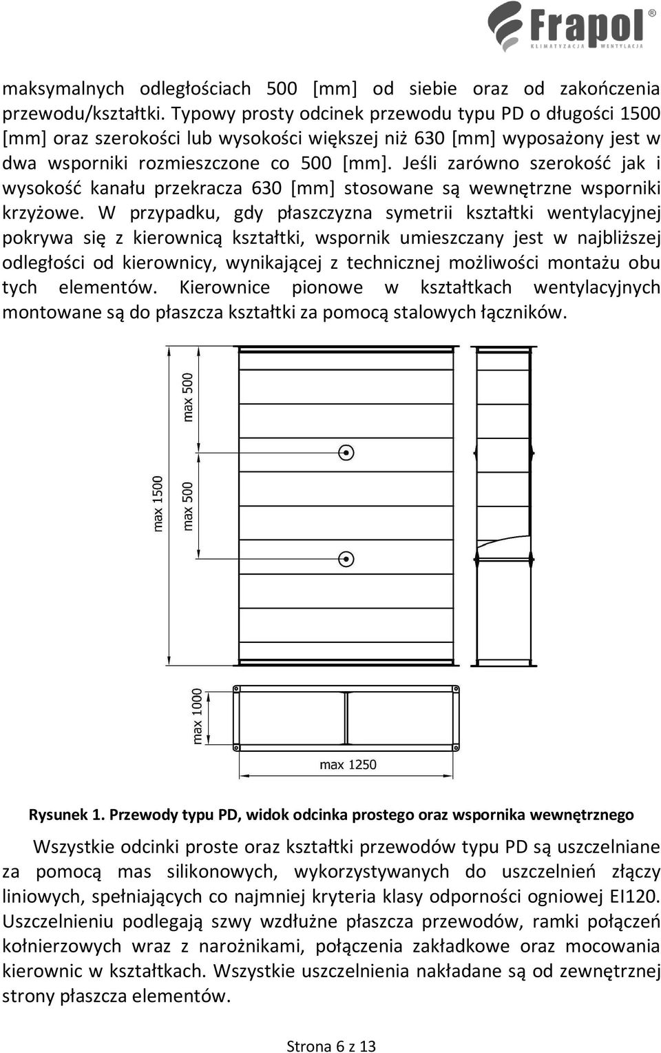 Jeśli zarówno szerokość jak i wysokość kanału przekracza 630 [mm] stosowane są wewnętrzne wsporniki krzyżowe.