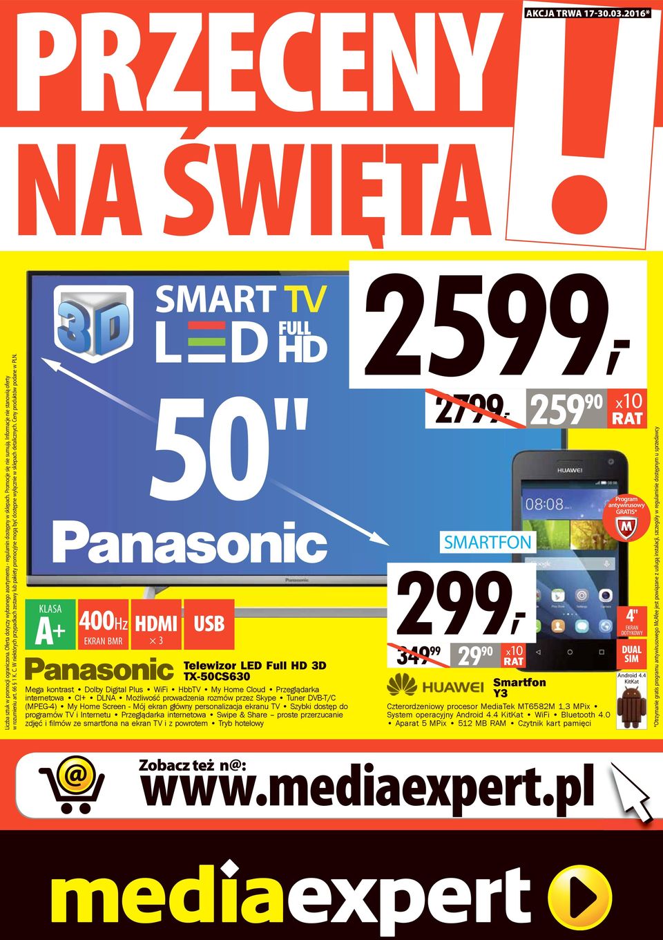 400Hz BMR 50" Telewizor LED Full HD 3D TX-50CS630 Mega kontrast Dolby Digital Plus WiFi HbbTV My Home Cloud Przeglądarka internetowa CI+ DLNA Możliwość prowadzenia rozmów przez Skype Tuner DVB-T/C
