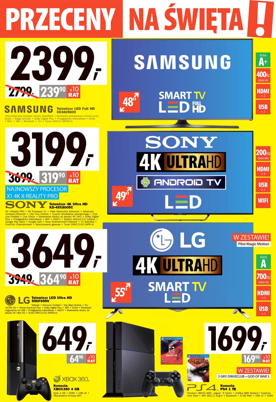 MHL WiFi Bluetooth CI+ Tuner DVB-T/C (MPEG-4) 3199, 3699, 319 90 Telewizor LED Ultra HD 55UF695V Netcast Premium Content 24p Real Cinema Tru- -ULTRA HD Virtual Surround Plus Dolby Digital Plus WiFi