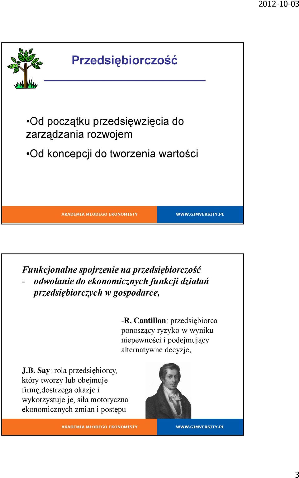 Say: rola przedsiębiorcy, który tworzy lub obejmuje firmę,dostrzega okazje i wykorzystuje je, siła motoryczna