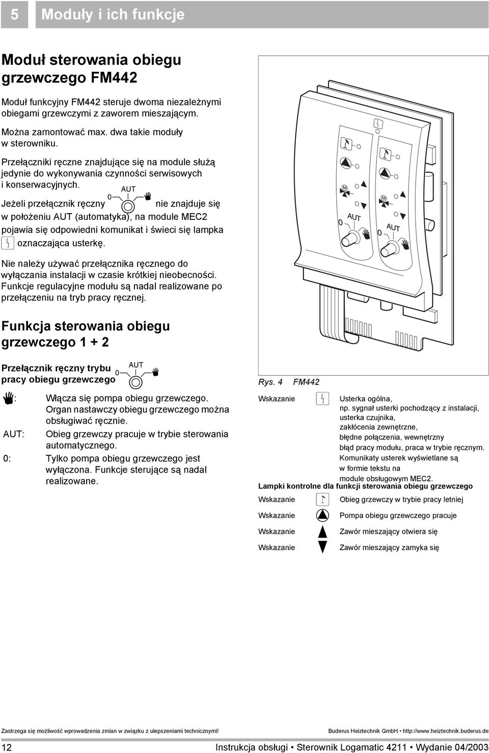 Jeżeli przełącznik ręczny B nie znajduje się wpołożeniu AUT (automatyka), na module MEC2 pojawia się odpowiedni komunikat i świeci się lampka 0 oznaczająca usterkę.
