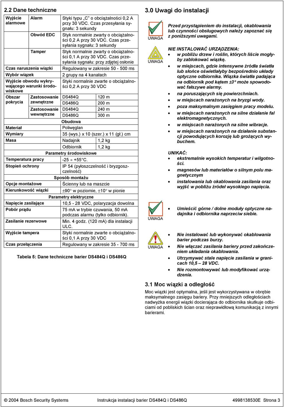 Czas przesyłania sygnału: 3 sekundy Styk normalnie zwarty o obciążalności 0,1 A przy 30 VDC.