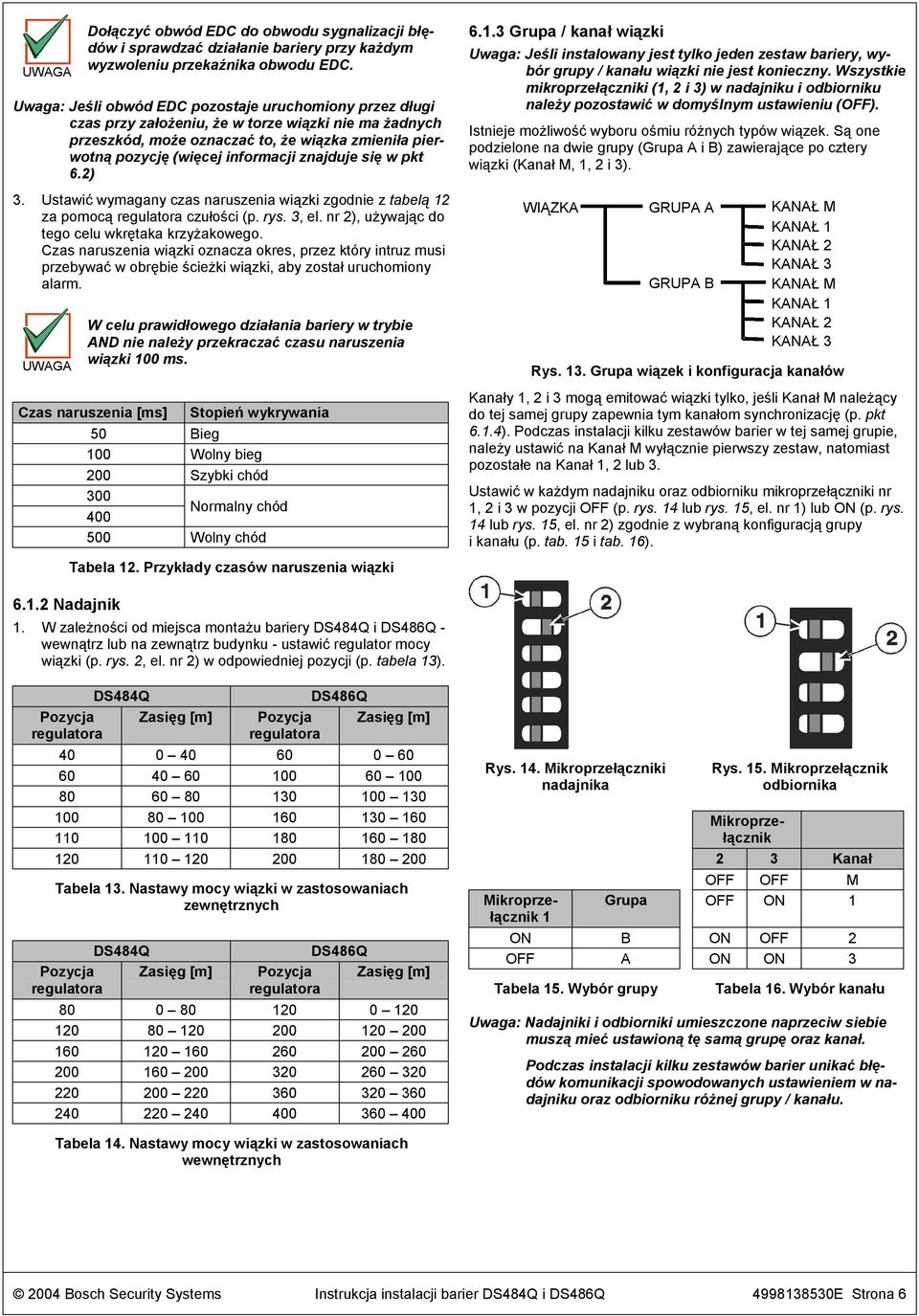 znajduje się w pkt 6.2) 3. Ustawić wymagany czas naruszenia wiązki zgodnie z tabelą 12 za pomocą regulatora czułości (p. rys. 3, el. nr 2), używając do tego celu wkrętaka krzyżakowego.