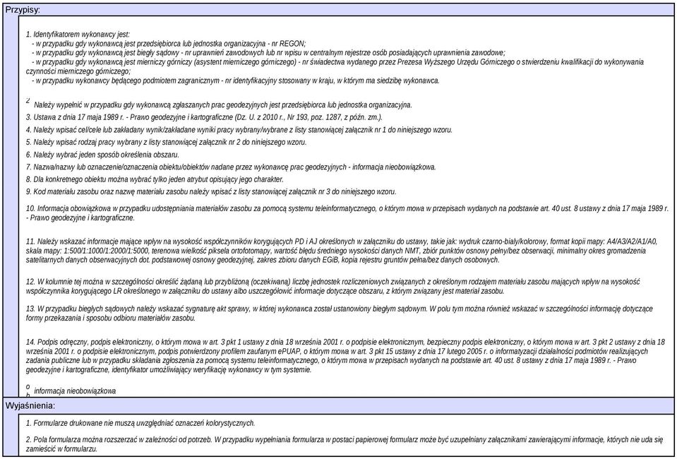 wpisu w centralnym rejestrze osób posiadających uprawnienia zawodowe; - w przypadku gdy wykonawcą jest mierniczy górniczy (asystent mierniczego górniczego) - nr świadectwa wydanego przez Prezesa