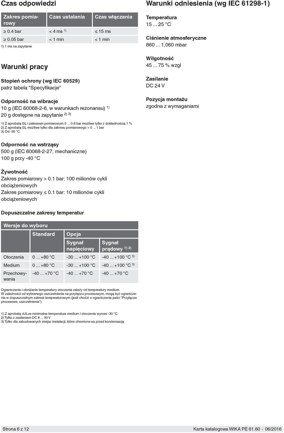 na zapytanie 2) 3) Warunki odniesienia (wg IEC 61298-1) Temperatura 15... 25 C Ciśnienie atmosferyczne 860... 1,060 mbar Wilgotność 45.