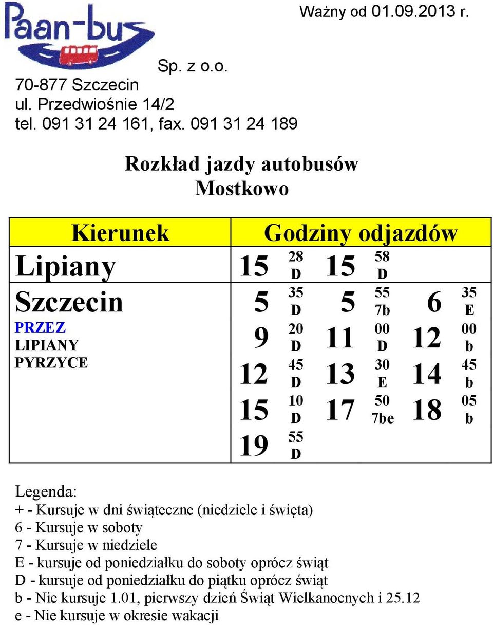 sooty E - kursuje od poniedziałku do sooty oprócz świąt - kursuje od