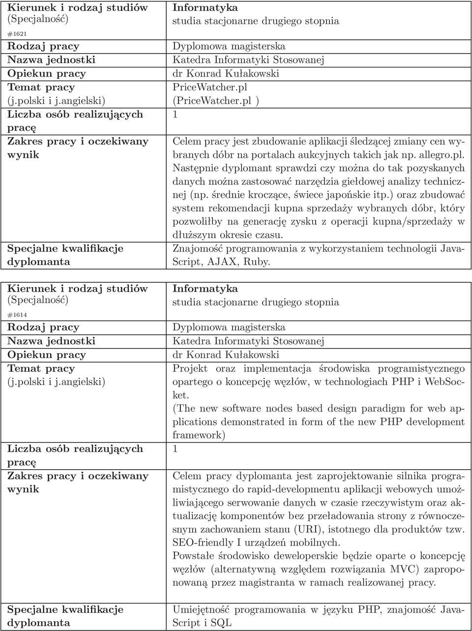 Znajomość programowania z wykorzystaniem technologii Java- Script, AJAX, Ruby.