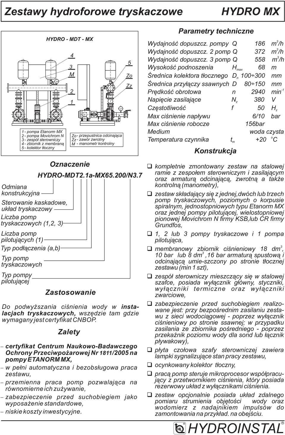 Oznaczenie HYDO-MDT2.1a-MX65./N.7 Zastswanie D pdwy szania ciœnienia wdy w instalacjach tryskaczwych, wszêdzie tam gdzie wymagany jest certyfikat CNBOP.