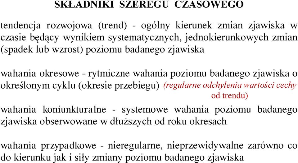 określonym cyklu (okresie przebiegu) (regularne odchylenia warości cechy od rendu) wahania koniunkuralne - sysemowe wahania poziomu badanego