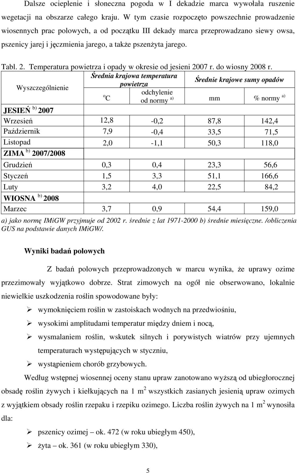 2. Temperatura powietrza i opady w okresie od jesieni 2007 r. do wiosny 2008 r.