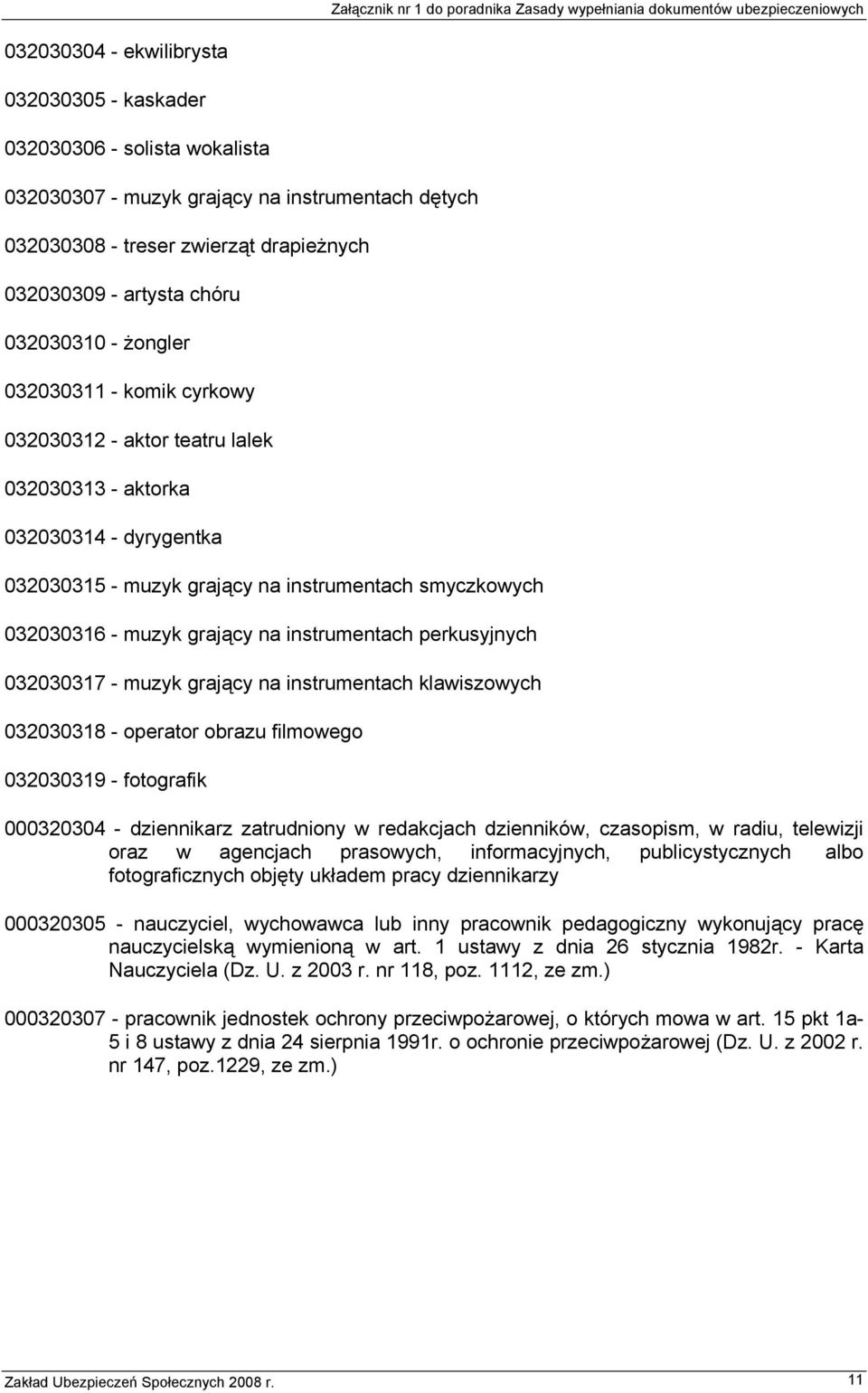 grający na instrumentach perkusyjnych 032030317 - muzyk grający na instrumentach klawiszowych 032030318 - operator obrazu filmowego 032030319 - fotografik 000320304 - dziennikarz zatrudniony w