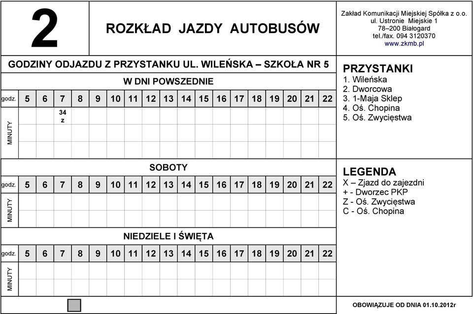 Wileńska 2. Dwrwa 3. 1-Maja Sklep 4. Oś. Chpina 5. Oś. Zwyięstwa gd.