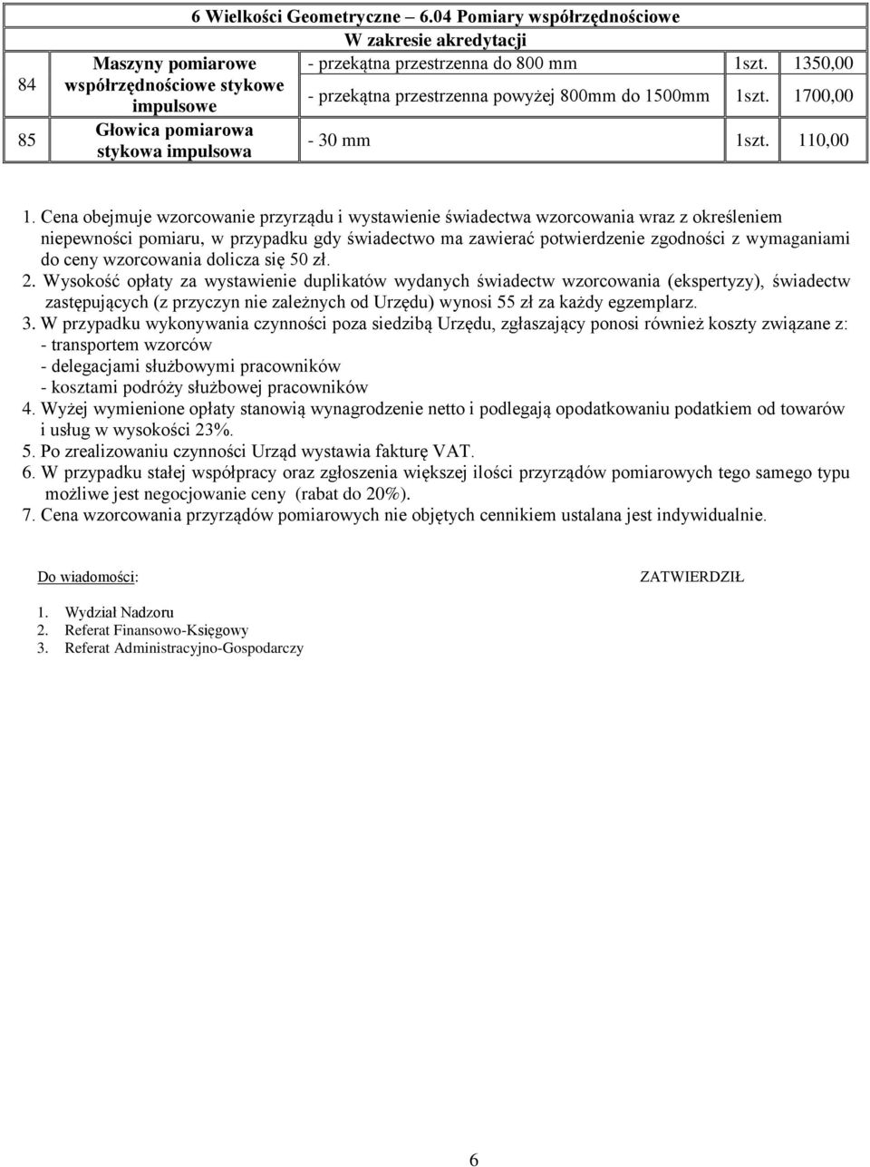 Cena obejmuje wzorcowanie przyrządu i wystawienie świadectwa wzorcowania wraz z określeniem niepewności pomiaru, w przypadku gdy świadectwo ma zawierać potwierdzenie zgodności z wymaganiami do ceny