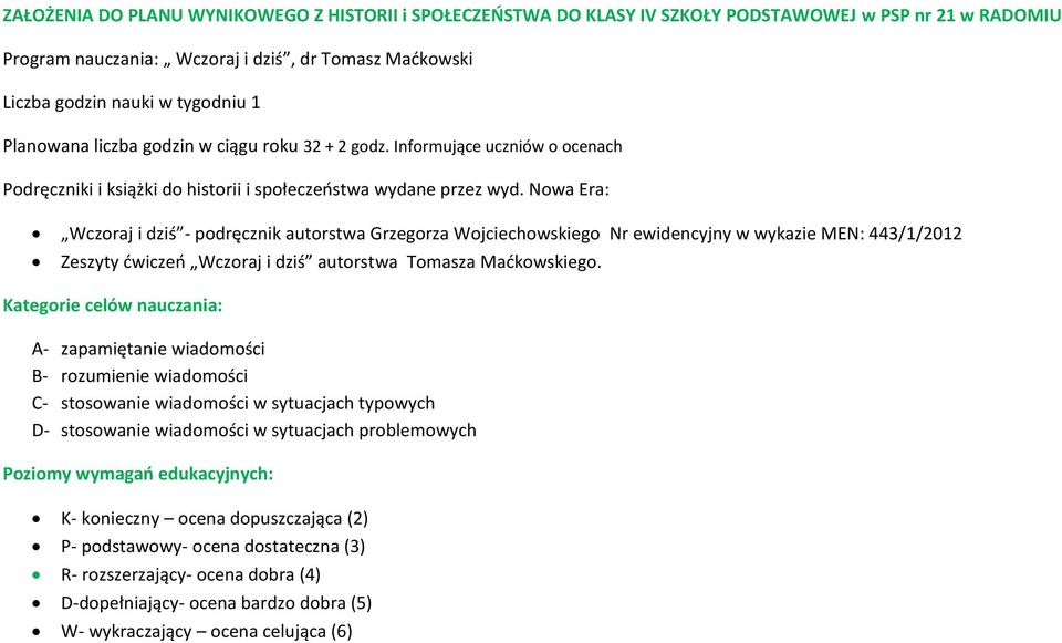 Nowa Era: Wczoraj i dziś - podręcznik autorstwa Grzegorza Wojciechowskiego Nr ewidencyjny w wykazie MEN: 443/1/2012 Zeszyty ćwiczeń Wczoraj i dziś autorstwa Tomasza Maćkowskiego.