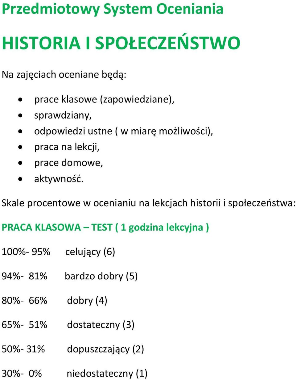 Skale procentowe w ocenianiu na lekcjach historii i społeczeństwa: PRACA KLASOWA TEST ( 1 godzina lekcyjna ) 100%-