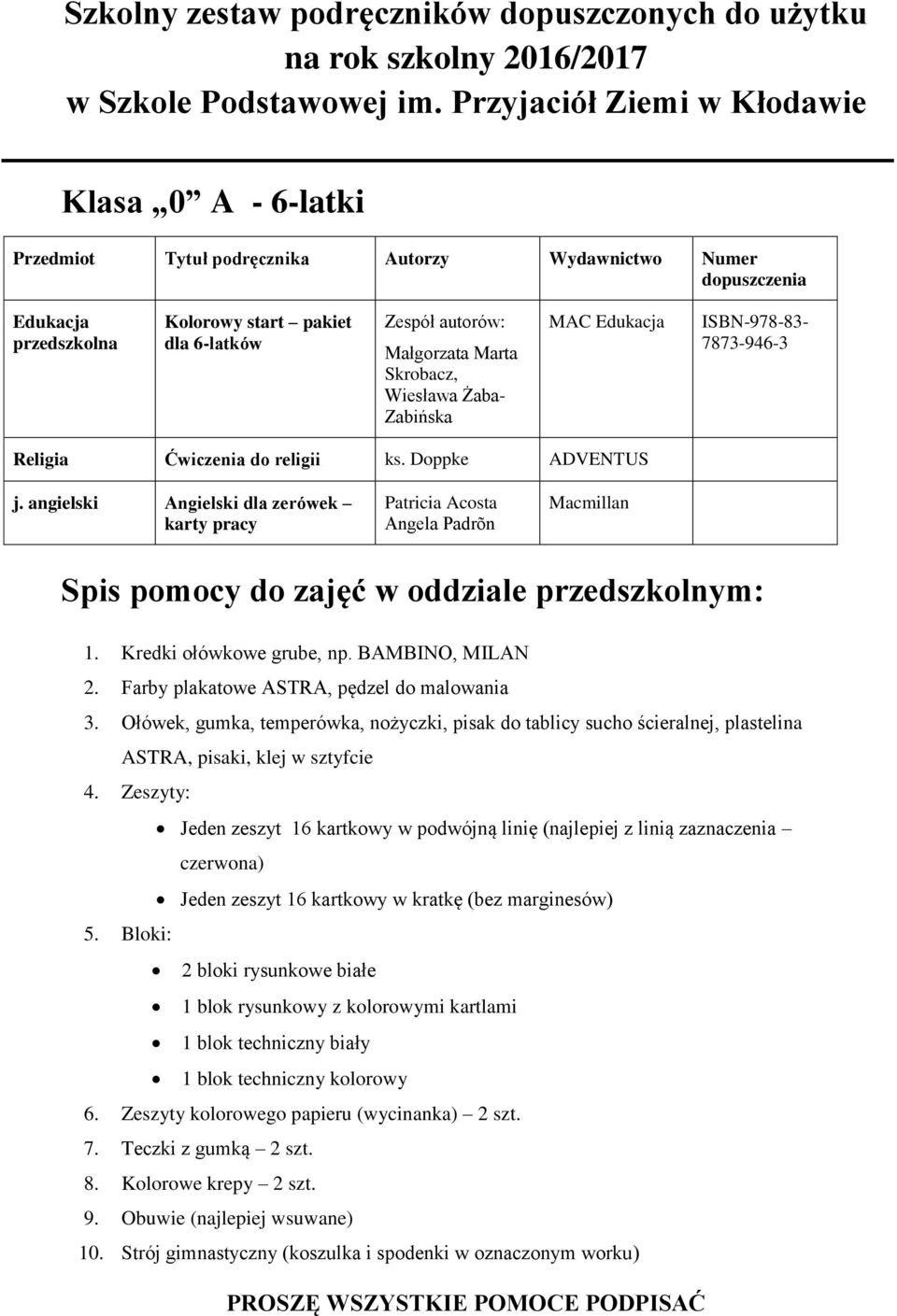 Ćwiczenia do religii ks. Doppke ADVENTUS j. angielski Angielski dla zerówek karty pracy Patricia Acosta Angela Padrõn Spis pomocy do zajęć w oddziale przedszkolnym: 1. Kredki ołówkowe grube, np.