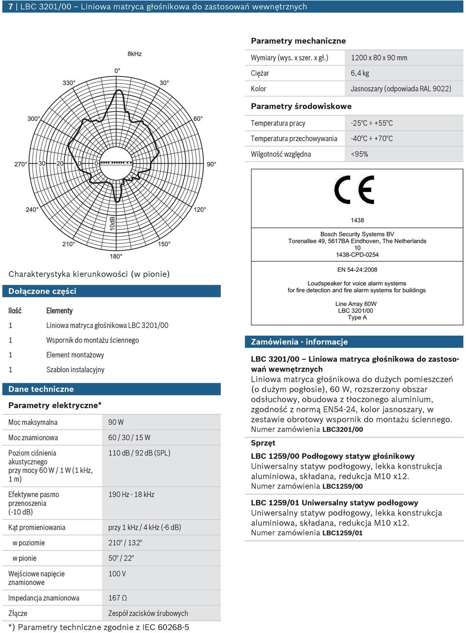 Security Systems BV Torenallee 49, 5617BA Eindhoven, The Netherlands 10 1438-CPD-0254 Dołączone części Ilość Elementy 1 Liniowa matryca głośnikowa LBC 3201/00 1 Wspornik do montażu ściennego 1