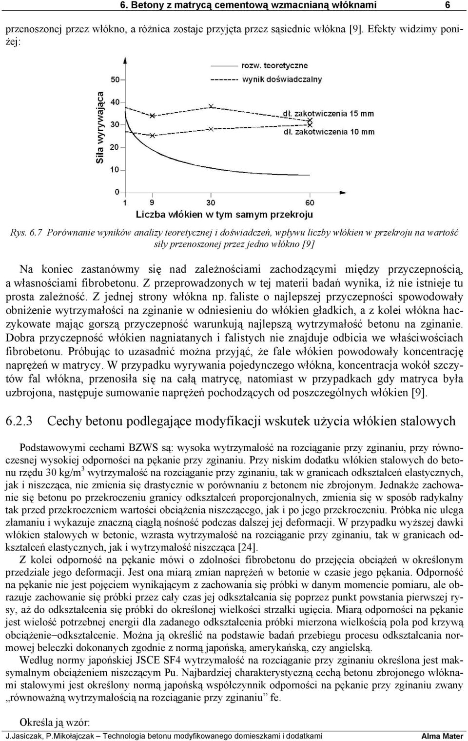 7 Porównanie wyników analizy teoretycznej i doświadczeń, wpływu liczby włókien w przekroju na wartość siły przenoszonej przez jedno włókno [9] Na koniec zastanówmy się nad zależnościami zachodzącymi