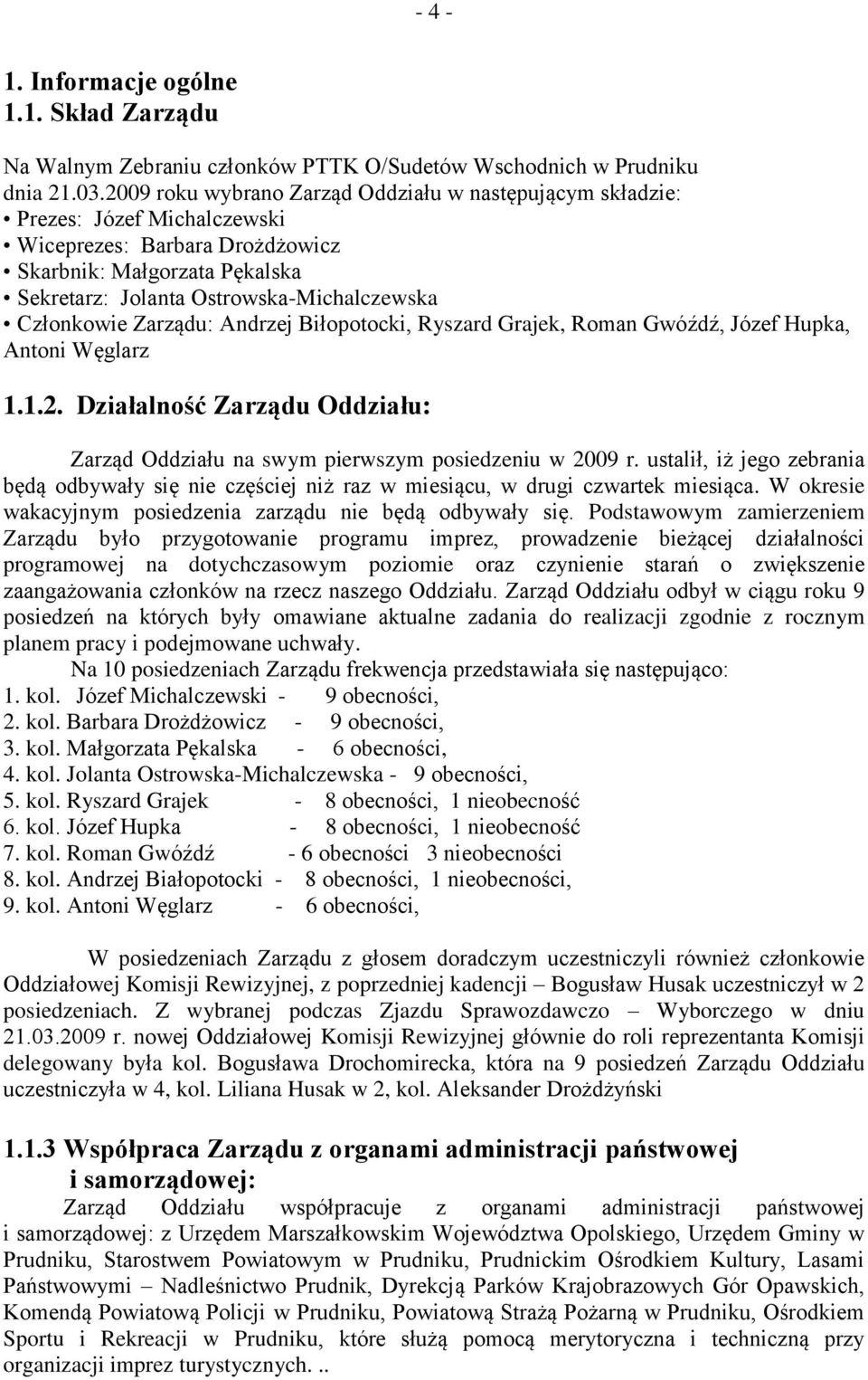 Członkowie Zarządu: Andrzej Biłopotocki, Ryszard Grajek, Roman Gwóźdź, Józef Hupka, Antoni Węglarz 1.1.2. Działalność Zarządu Oddziału: Zarząd Oddziału na swym pierwszym posiedzeniu w 2009 r.