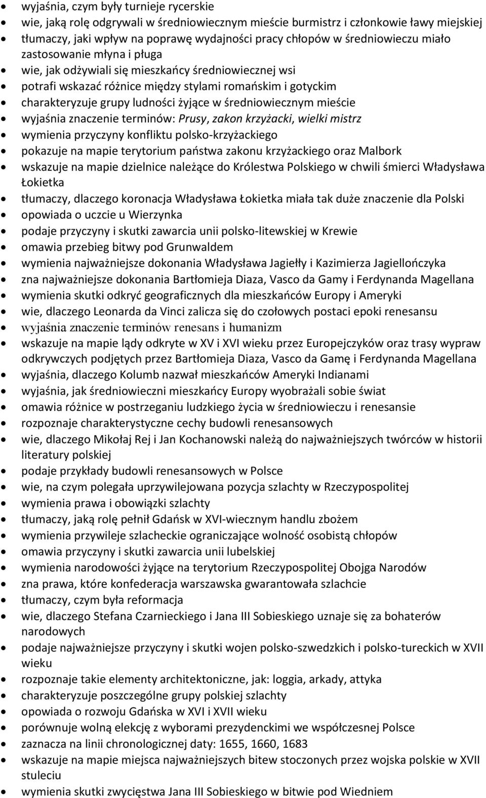 średniowiecznym mieście wyjaśnia znaczenie terminów: Prusy, zakon krzyżacki, wielki mistrz wymienia przyczyny konfliktu polsko-krzyżackiego pokazuje na mapie terytorium państwa zakonu krzyżackiego