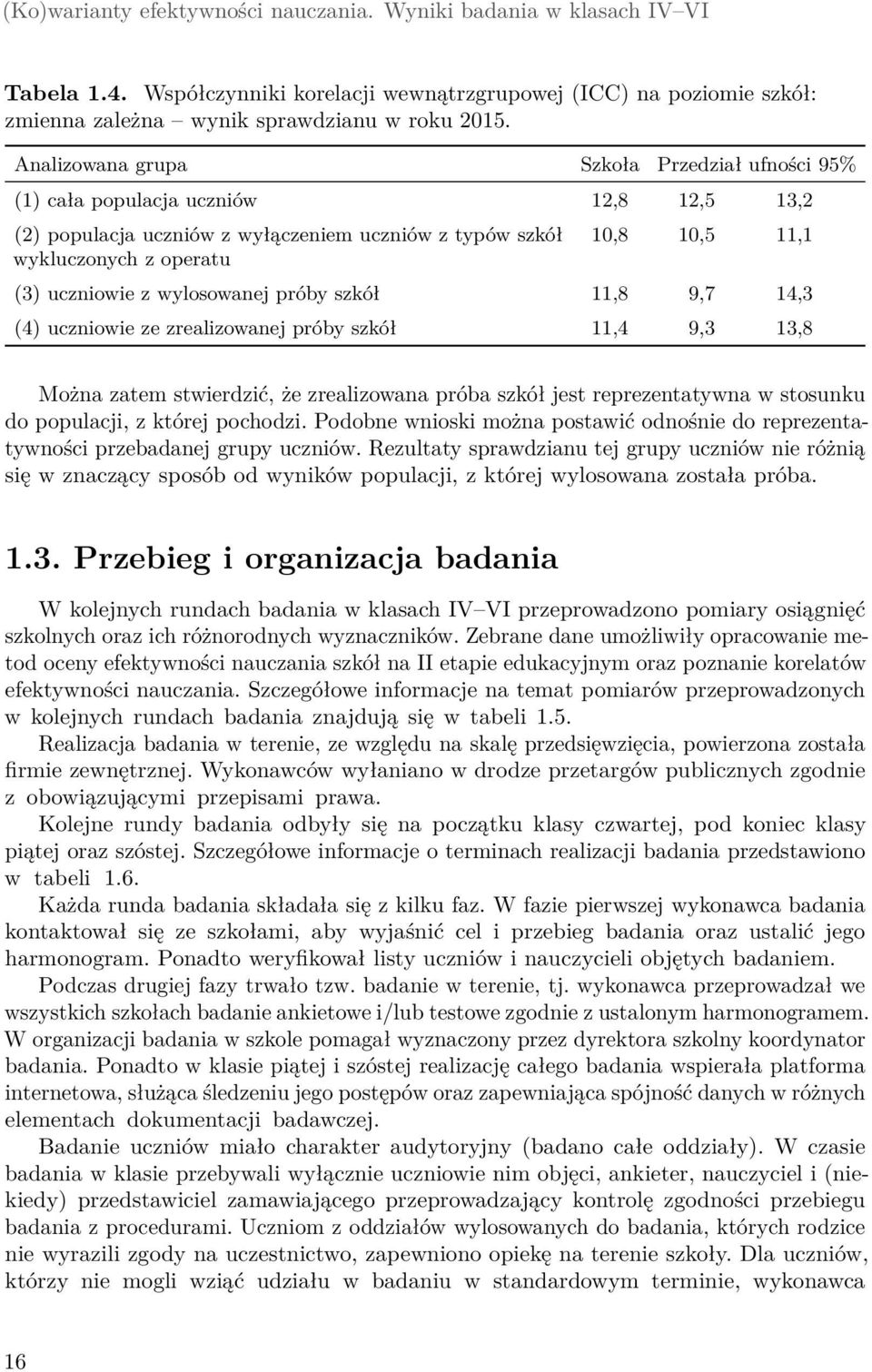 z wylosowanej próby szkół 11,8 9,7 14,3 (4) uczniowie ze zrealizowanej próby szkół 11,4 9,3 13,8 Można zatem stwierdzić, że zrealizowana próba szkół jest reprezentatywna w stosunku do populacji, z