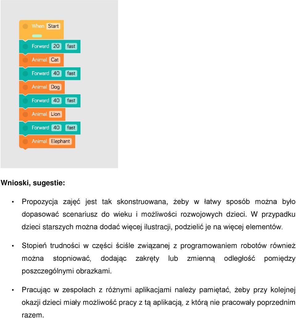 Stopień trudności w części ściśle związanej z programowaniem robotów również można stopniować, dodając zakręty lub zmienną odległość pomiędzy