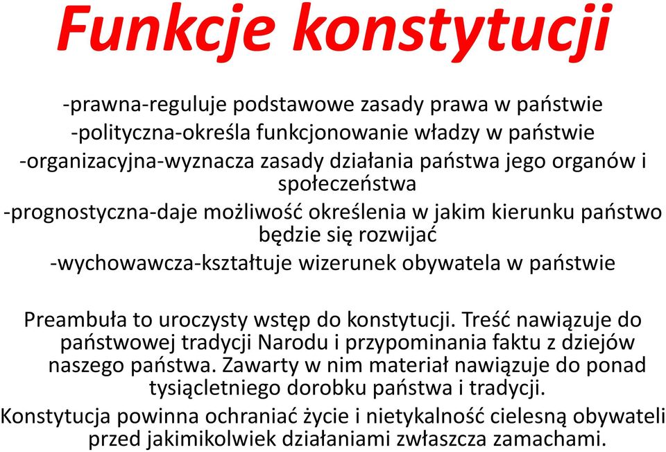 państwie Preambuła to uroczysty wstęp do konstytucji. Treść nawiązuje do państwowej tradycji Narodu i przypominania faktu z dziejów naszego państwa.