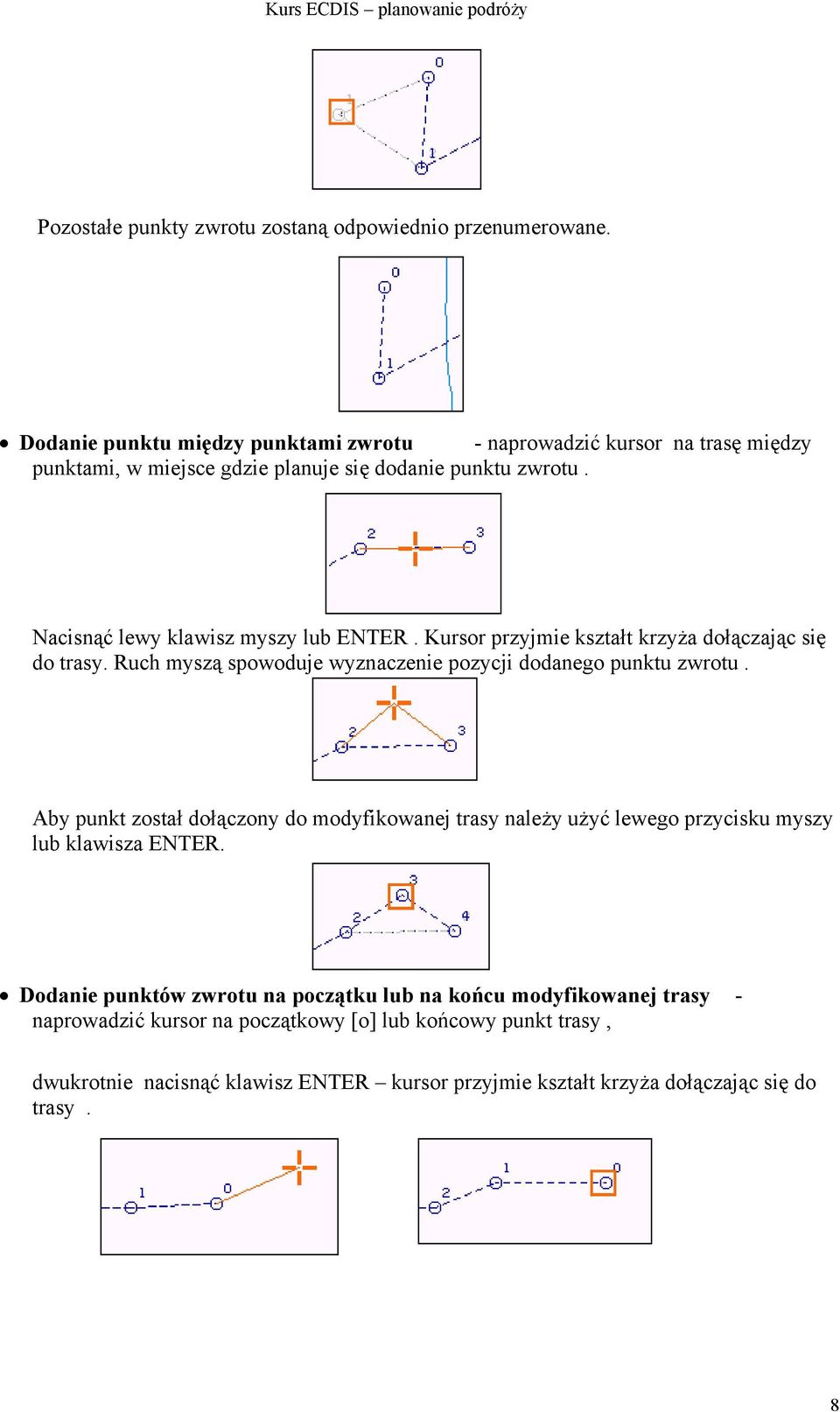 Nacisnąć lewy klawisz myszy lub ENTER. Kursor przyjmie kształt krzyża dołączając się do trasy. Ruch myszą spowoduje wyznaczenie pozycji dodanego punktu zwrotu.